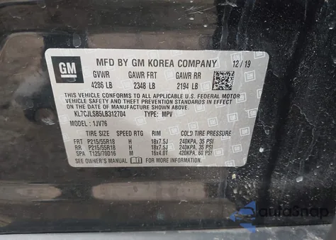 2020 Chevrolet Trax Fwd Lt from USA, damaged, VIN KL7CJLSB5LB312704